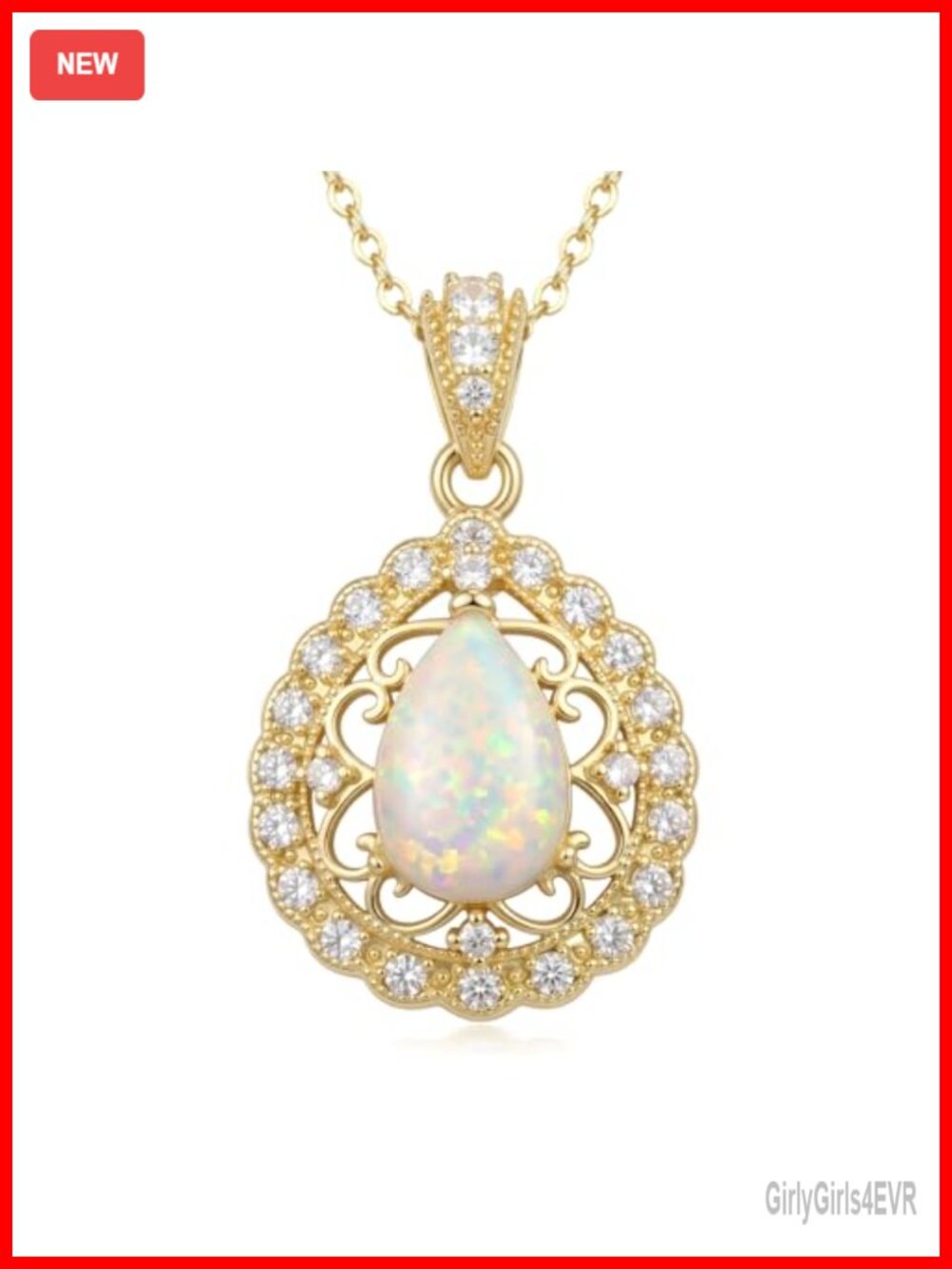 14K Gold Plated Opal Teardrop Filigree Pendant Necklace 18in
